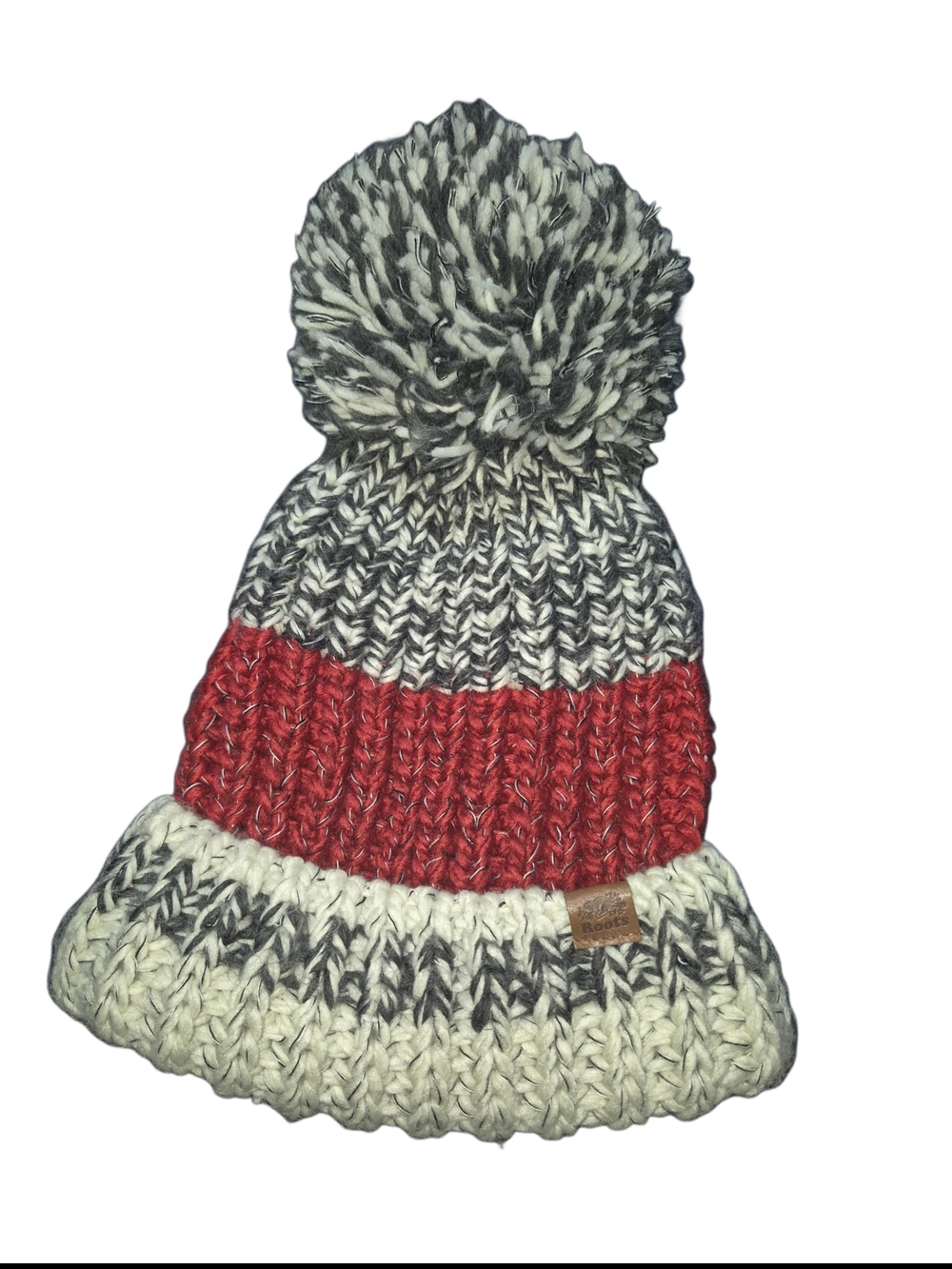Roots Red Grey & Cream Knit Pom Pom Beanie Winter Tuque